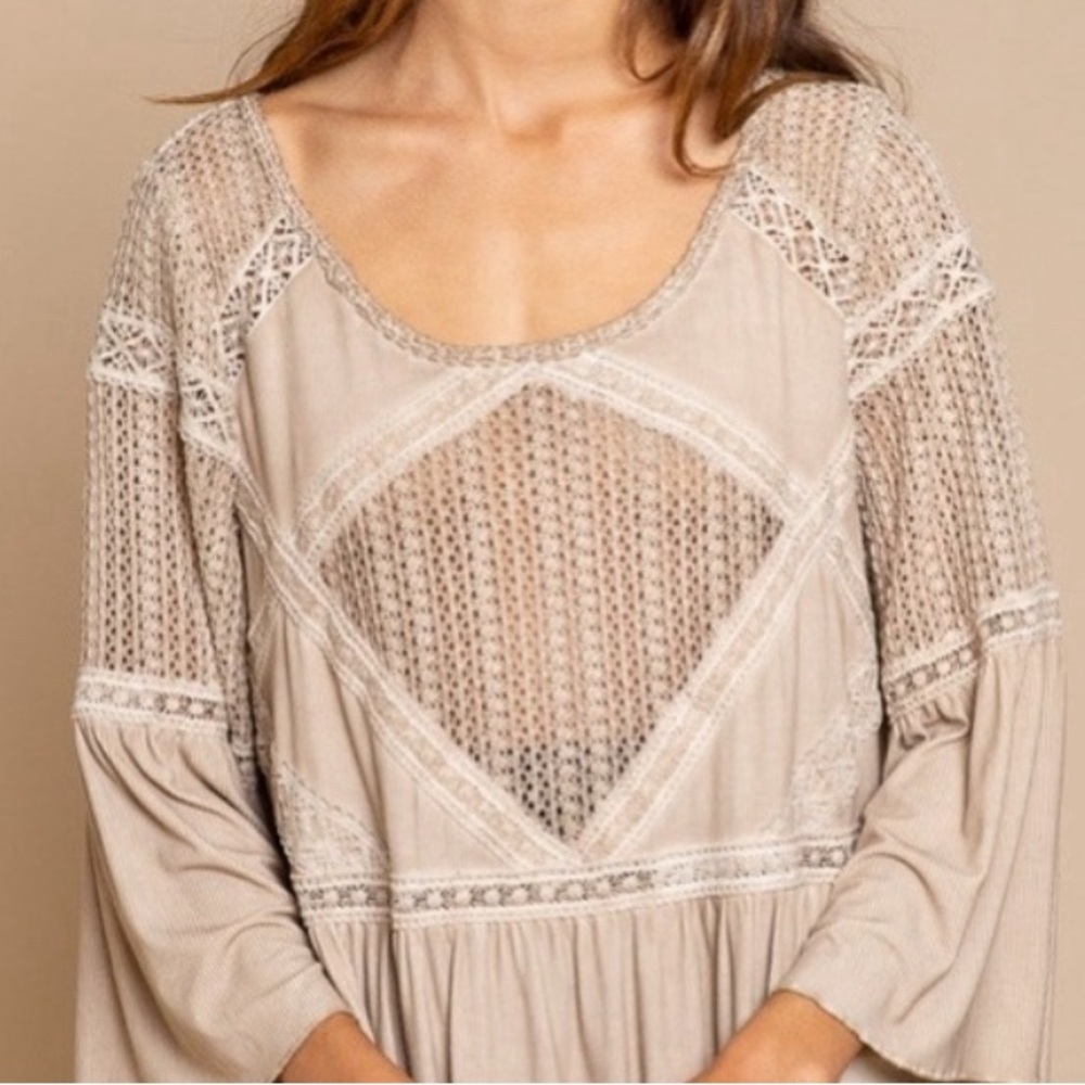 POL Lace Crochet Knit Flare Sleeve Ruffle Hem Mini Dress - Picture 3 of 6